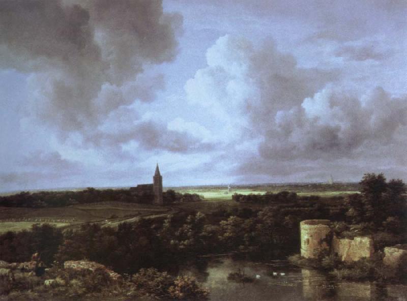 Jacob van Ruisdael an extensive landscape with a ruined castle and a village church France oil painting art